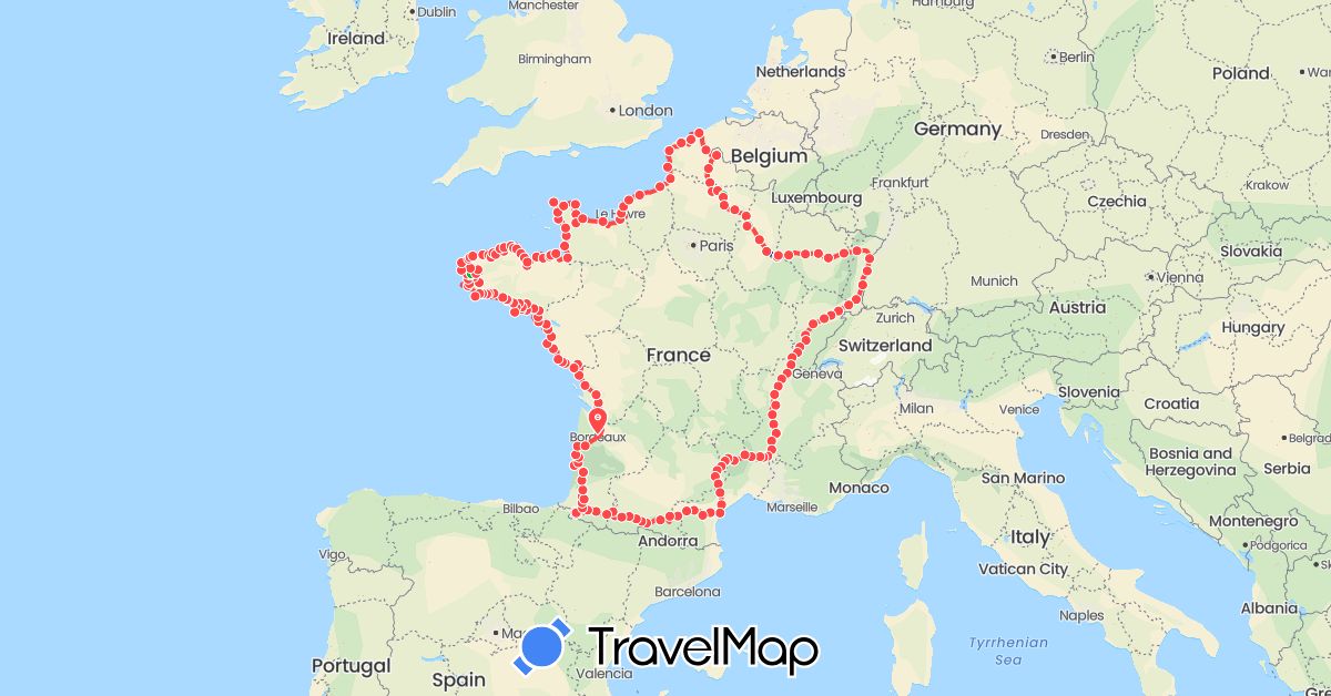 TravelMap itinerary: driving, bus, hiking in France (Europe)